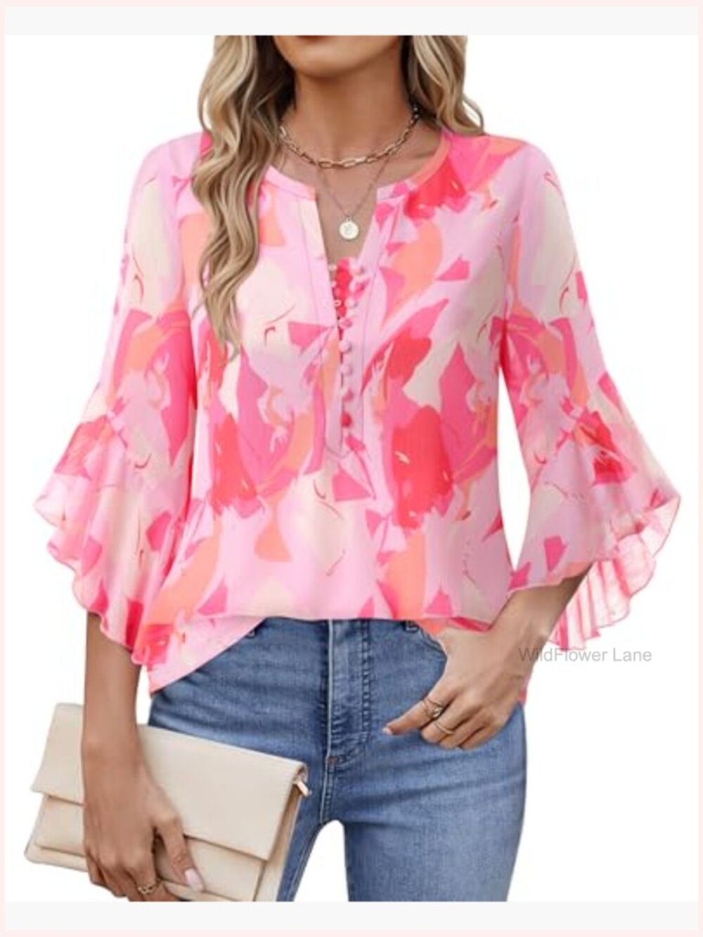 3/4 Length Sleeve Womens Blouse Dressy Casual Button Down V Neck Pullover Top - Picture 2 of 7